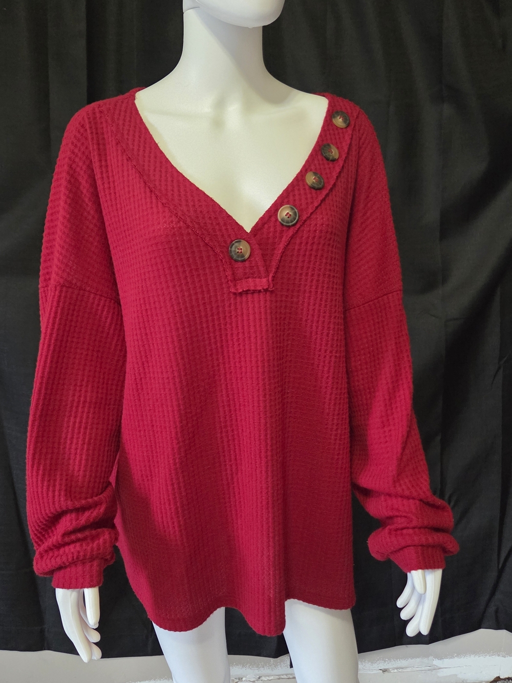 Zenana Outfitters Red Waffle-Knit V-Neck Pullover